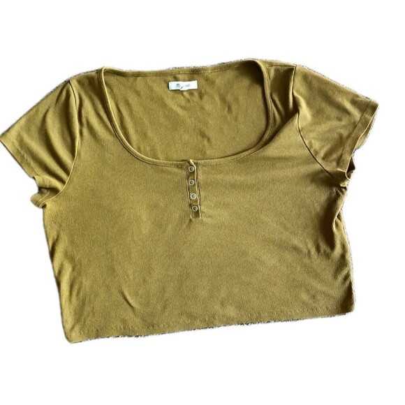 Madewell Tops - Madewell Womens Ribbed Henley Crop Tee Size XL Mustard Yellow Snap Button Casual